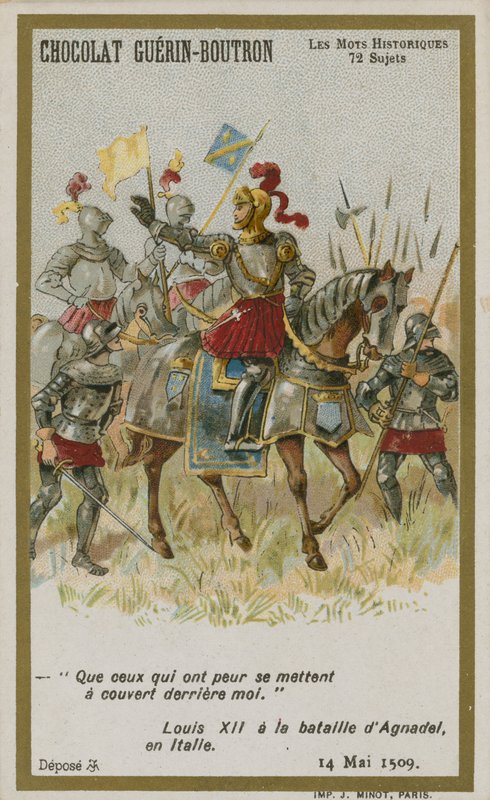 Cartão de comércio de Chocolat Guerin-Boutron, série histórica de palavras de French School