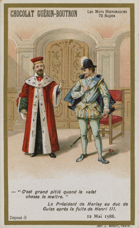 Cartão de comércio de Chocolat Guerin-Boutron, série histórica de palavras de French School
