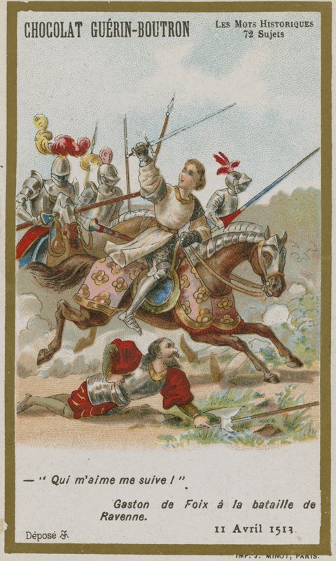 Cartão de comércio de Chocolat Guerin-Boutron, série histórica de palavras de French School