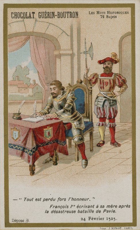Cartão de comércio de Chocolat Guerin-Boutron, série histórica de palavras de French School