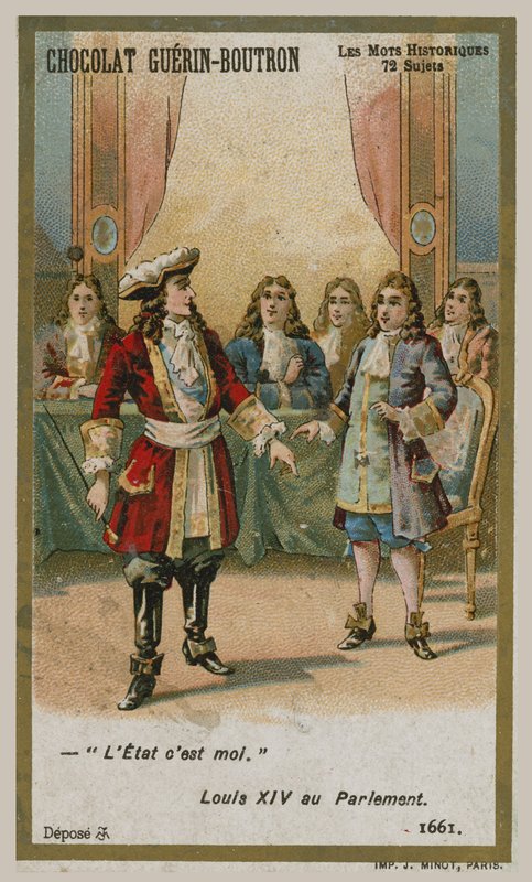 Cartão de comércio de Chocolat Guerin-Boutron, série histórica de palavras de French School