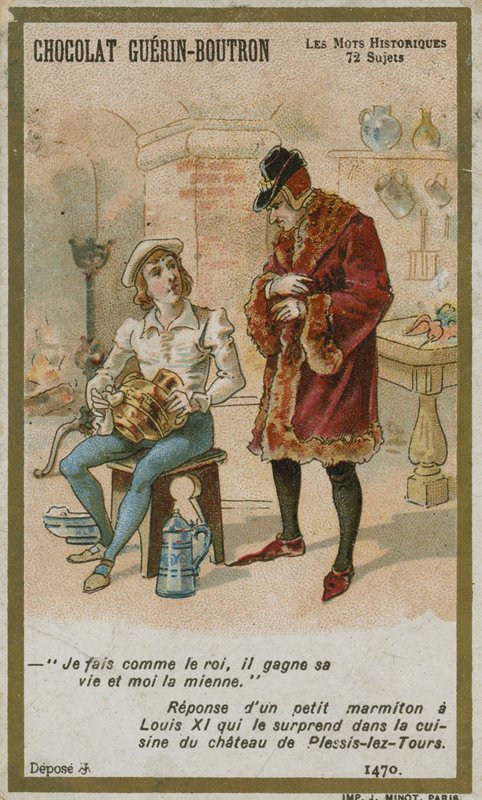 Cartão de comércio de Chocolat Guerin-Boutron, série histórica de palavras de French School