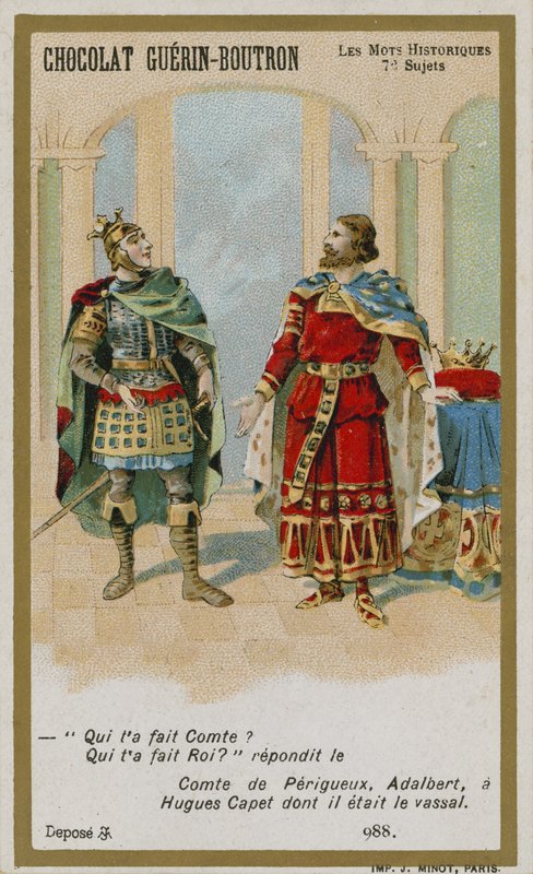 Cartão de comércio de Chocolat Guerin-Boutron, série histórica de palavras de French School