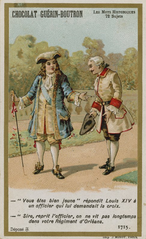 Cartão de comércio de Chocolat Guerin-Boutron, série histórica de palavras de French School