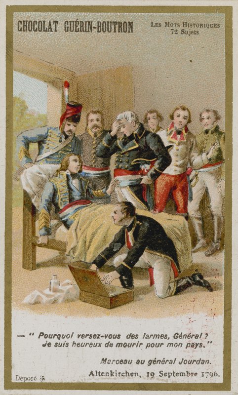 Cartão de comércio de Chocolat Guerin-Boutron, série histórica de palavras de French School