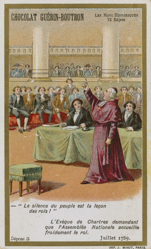 Cartão de comércio de Chocolat Guerin-Boutron, série histórica de palavras de French School
