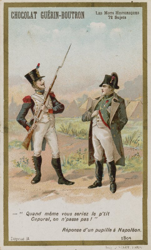 Cartão de comércio de Chocolat Guerin-Boutron, série histórica de palavras de French School