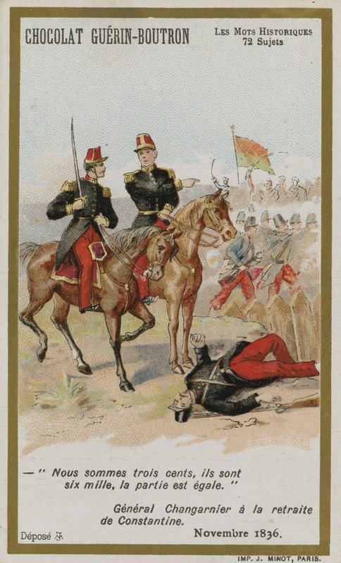 Cartão de comércio de Chocolat Guerin-Boutron, série histórica de palavras de French School