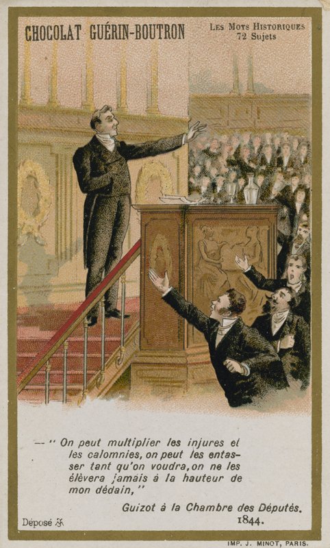 Cartão de comércio de Chocolat Guerin-Boutron, série histórica de palavras de French School