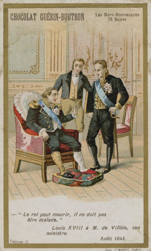 Cartão de comércio de Chocolat Guerin-Boutron, série histórica de palavras de French School