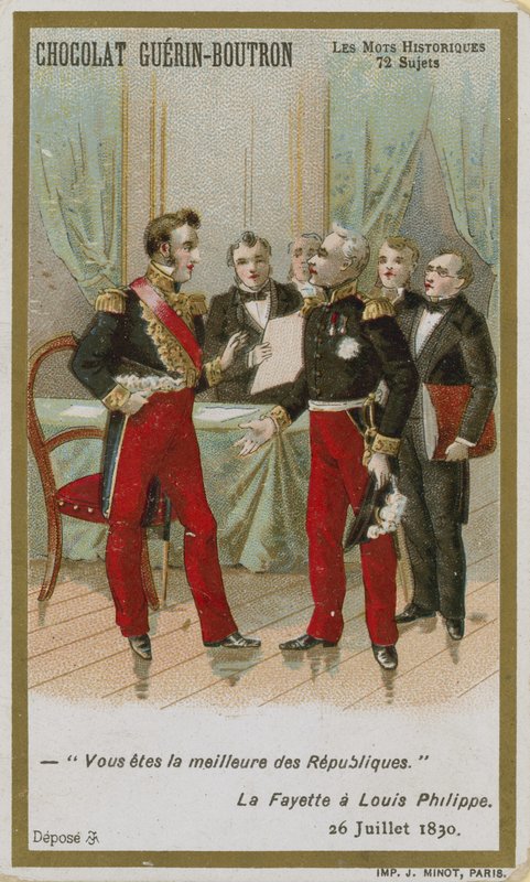 Cartão de comércio de Chocolat Guerin-Boutron, série histórica de palavras de French School