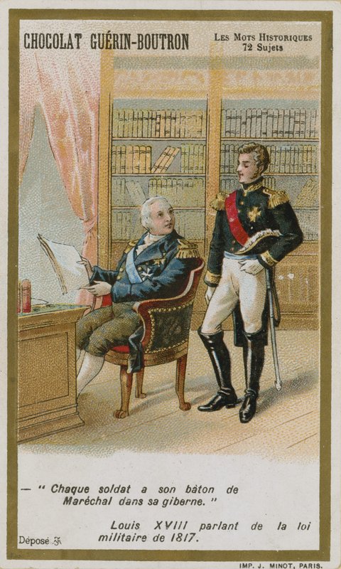 Cartão de comércio de Chocolat Guerin-Boutron, série histórica de palavras de French School