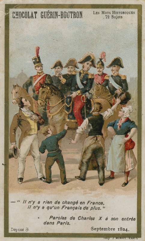 Cartão de comércio de Chocolat Guerin-Boutron, série histórica de palavras de French School