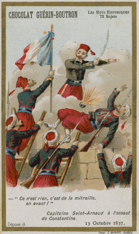 Cartão de comércio de Chocolat Guerin-Boutron, série histórica de palavras de French School
