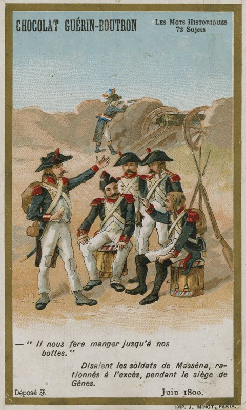 Cartão de comércio de Chocolat Guerin-Boutron, série histórica de palavras de French School