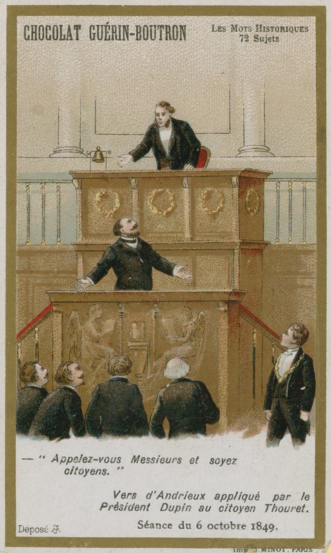 Cartão de comércio de Chocolat Guerin-Boutron, série histórica de palavras de French School