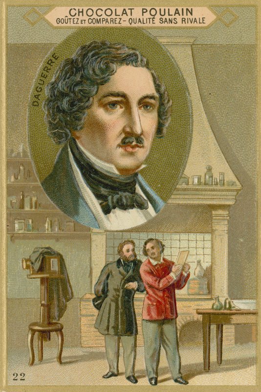 Cartão de comércio do potro de chocolate, Louis Daguerre de French School