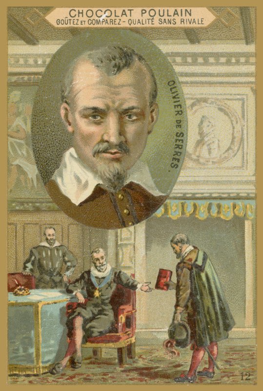 Cartão comercial de potro de chocolate, Olivier de Serres de French School