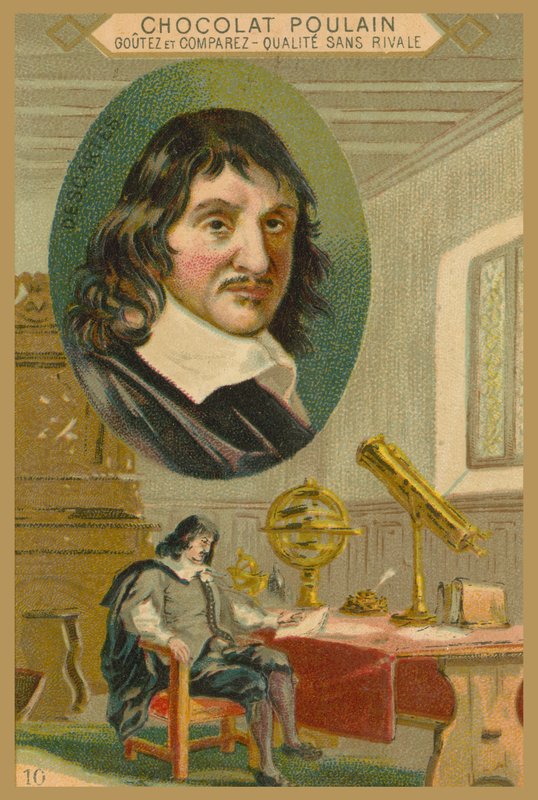Cartão de comércio de potro de chocolate, René Descartes de French School