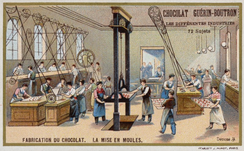 Fabrico de chocolate. Colocação de chocolate em moldes (chromolitho) de French School