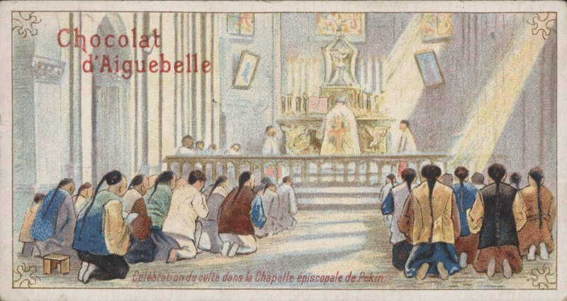 Os cristãos adoram na Capela Episcopal de Pequim (chromolitho) de French School