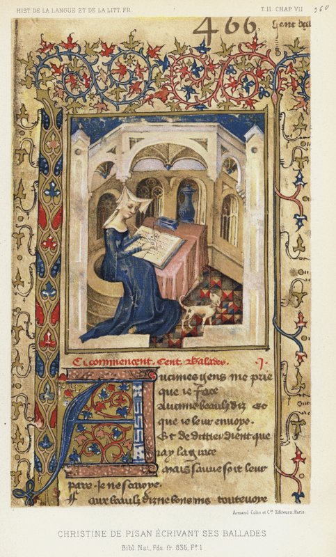 Christine de Pisan a escrever as suas baladas (litografia a cores) de French School