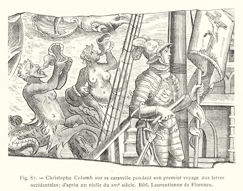 Cristóvão Colombo na sua caravela durante a sua primeira viagem às Terras Ocidentais; de um niello do século XVI, Biblioteca Laurenciana de Florença (gravura) de French School