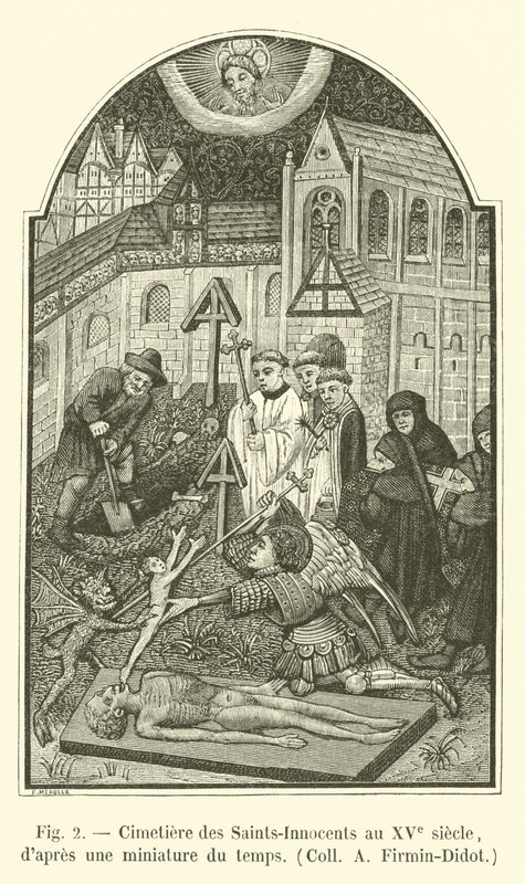 Cemitério dos Santos Inocentes no século XV, a partir de uma miniatura do tempo, Coll A Firmin-Didot de French School