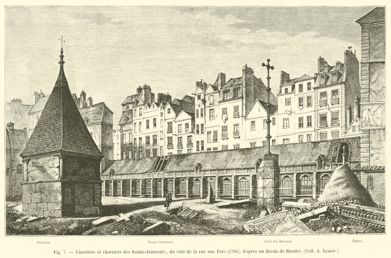 Cemitérios e valas comuns dos Saint-Innocents, ao lado da rue aux Fers, 1780, depois de um desenho de Bernier, Coll A Lenoir de French School