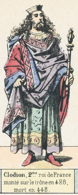 Clodion, 2º rei da França, ascendeu ao trono em 428, morreu em 448 (gravura colorida) de French School
