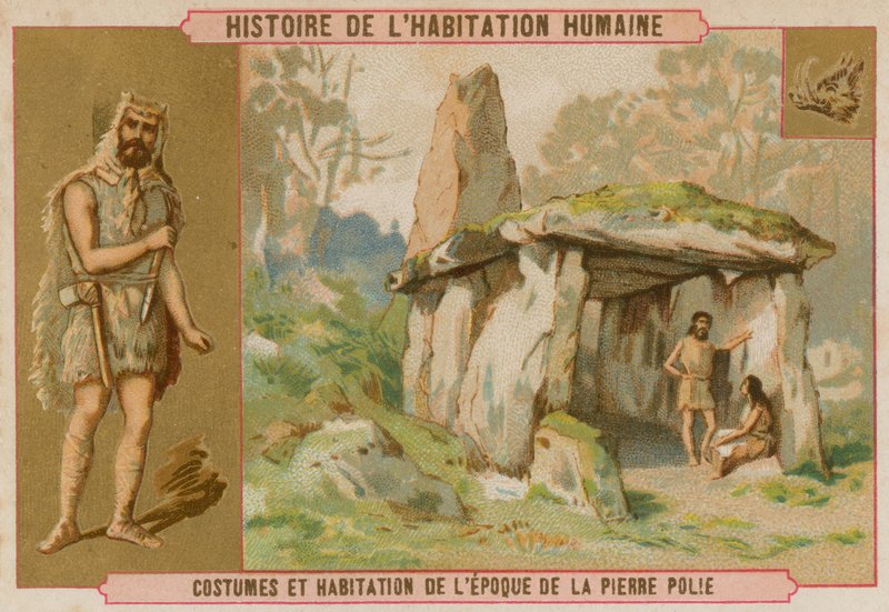 Roupas e casa de homem da idade da pedra de French School