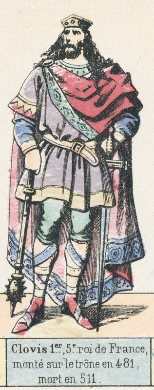 Clovis I, 5º rei da França, ascendeu ao trono em 481, morreu em 511 (gravura colorida) de French School