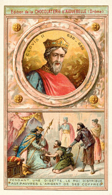Clóvis II dando dinheiro de seus cofres aos pobres durante um período de dificuldades, século VII (chromolitho) de French School