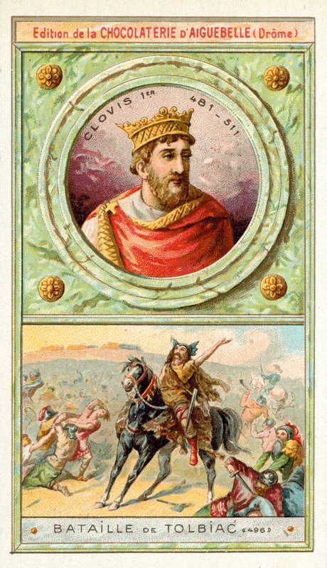 Clovis I na Batalha de Tolbiac, 496 (chromolitho) de French School