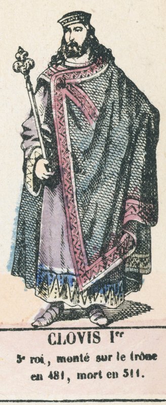 Clovis I, 5º rei, ascendeu ao trono em 481, morreu em 511 (gravura colorida) de French School