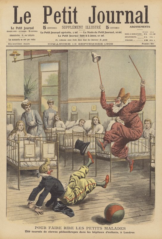 Palhaços a entreter crianças doentes num hospital em Londres (litografia a cores) de French School