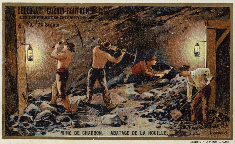 Mina de carvão. Hewing coal at the coal face (chromolitho) de French School