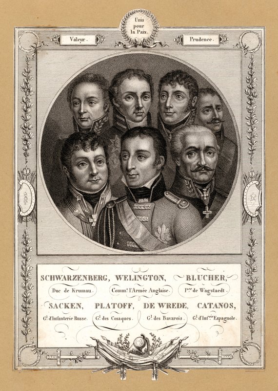 Comandantes militares da Coligação das Guerras Napoleónicas: Fabian Gottlieb von der Osten-Sacken, General russo de Infantaria; Matvei Platov, General russo no comando dos Don Cossacos; Karl Philipp von Wrede, General bávaro; Francisco Javier Castanos, Sp de French School