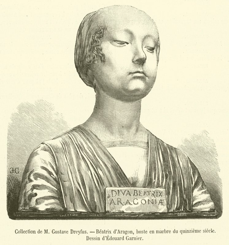 Coleção de M Gustave Dreyfus, Beatriz de Aragão, busto em mármore do século XV (gravura) de French School