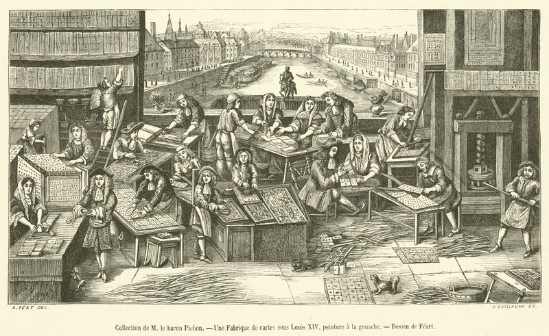 Coleção do Barão Pichon, A Card Factory sob Louis XIV (gravura) de French School