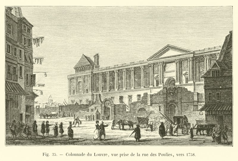 Colonnade du Louvre, vista da Rue des Poulies, por volta de 1758 de French School
