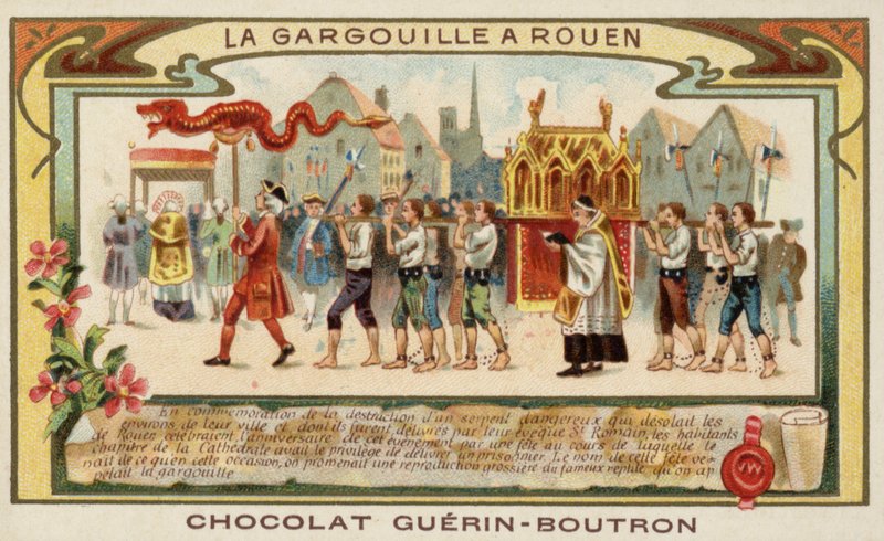 Comemorando a libertação de Rouen do Gargouille por São Romano (chromolitho) de French School