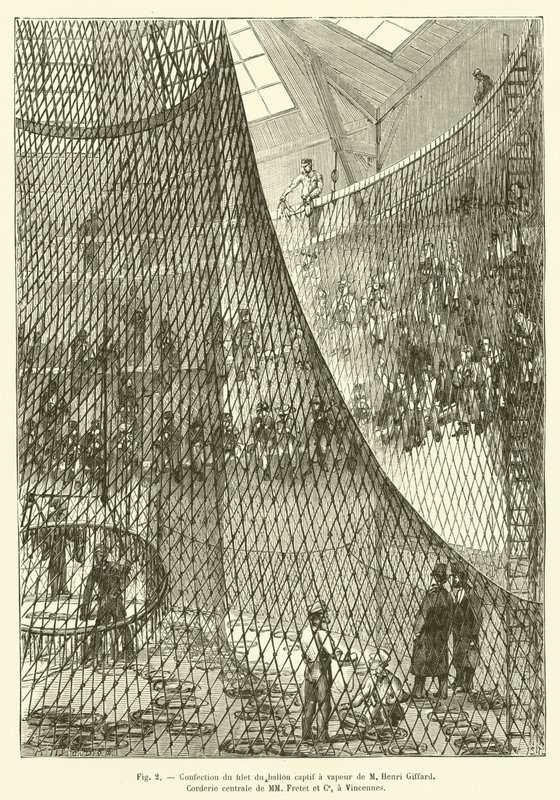 Fazendo a rede do balão de vapor cativo de M. Henri Giffard, Corderie centrale de MM Fretet et Ce, em Vincennes (gravura) de French School