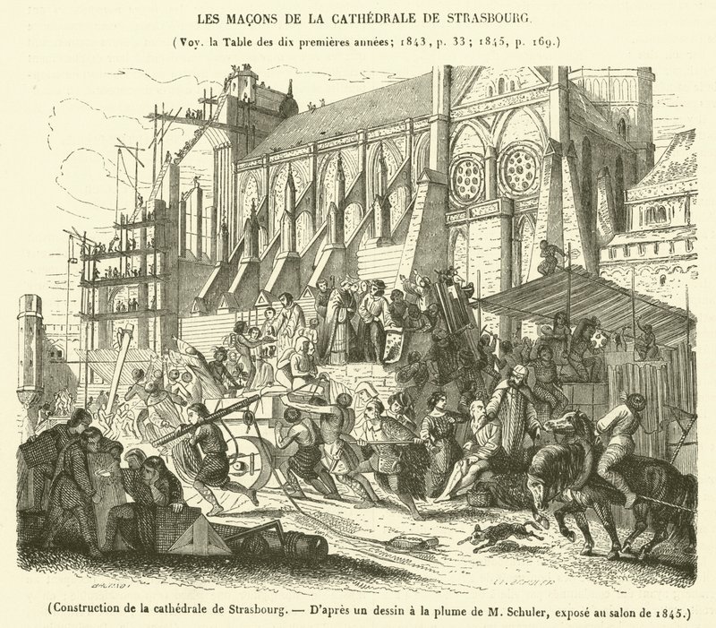 Construção da catedral de Estrasburgo (gravura) de French School