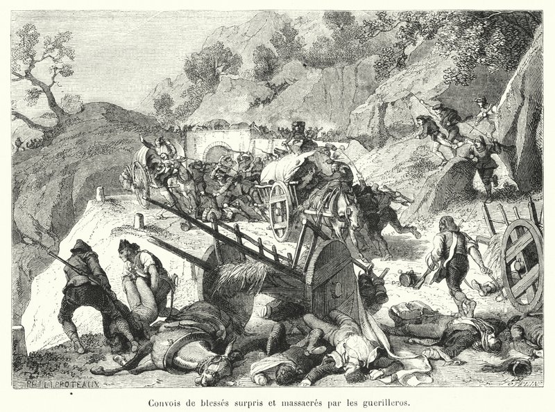 Comboios de feridos surpreendidos e massacrados por guerrilheiros (gravura) de French School