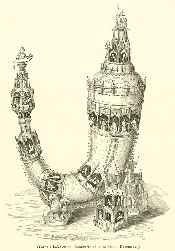 Trompa de ouro para beber, descoberta e conservada na Dinamarca (gravura) de French School