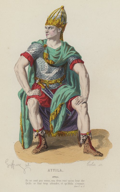 Corneille, Attila, Acto I, Sc I (gravura a cores) de French School