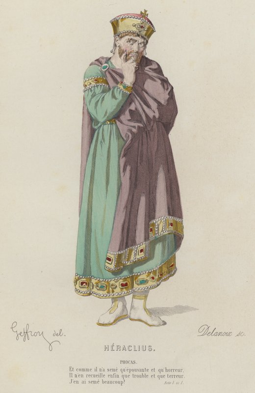 Corneille, Heraclius, Acto I, Sc I (gravura a cores) de French School