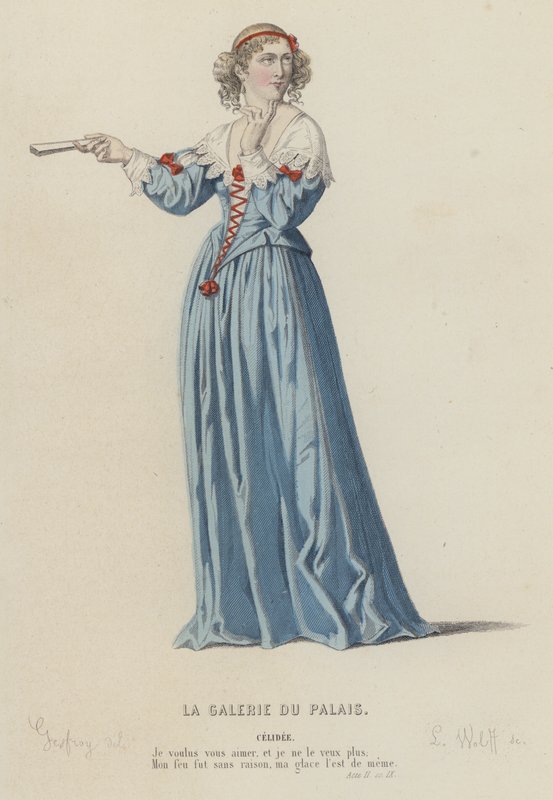 Corneille, The Palace Gallery, Act II, Sc IX (gravura a cores) de French School