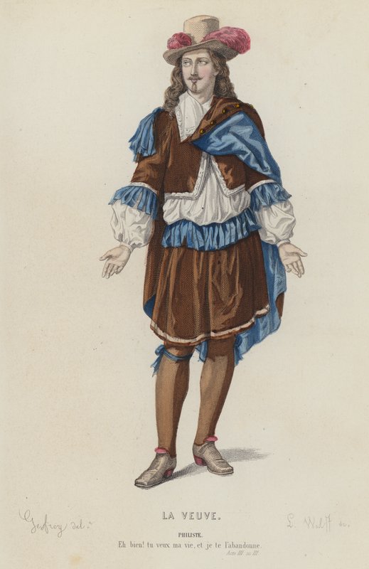 Corneille, A Viúva, Acto III, Sc III (gravura a cores) de French School